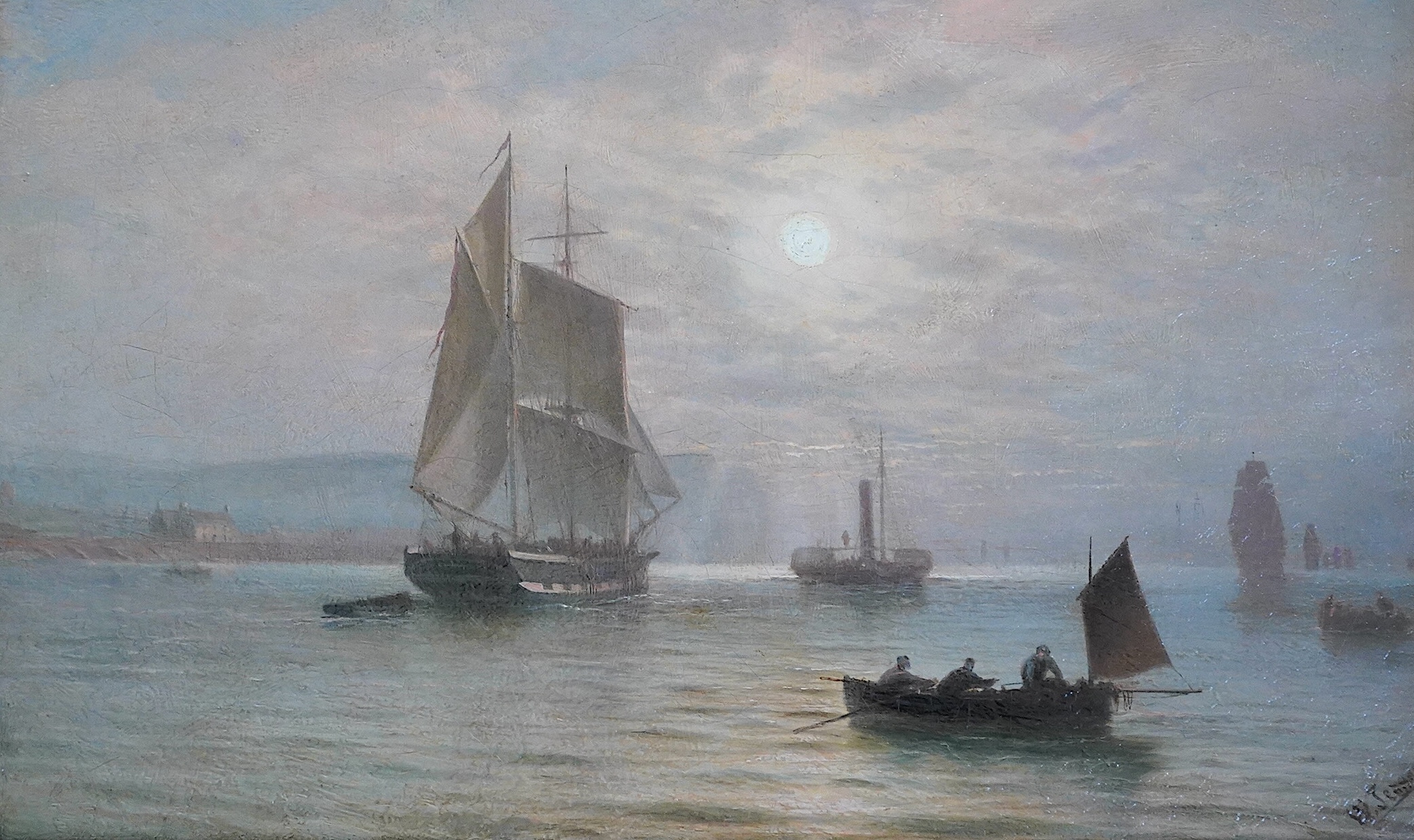 Isaac Walter Jenner (British, 1836-1902), Shipping off Newhaven harbour, Sussex, c.1880, oil on canvas, 25 x 41cm